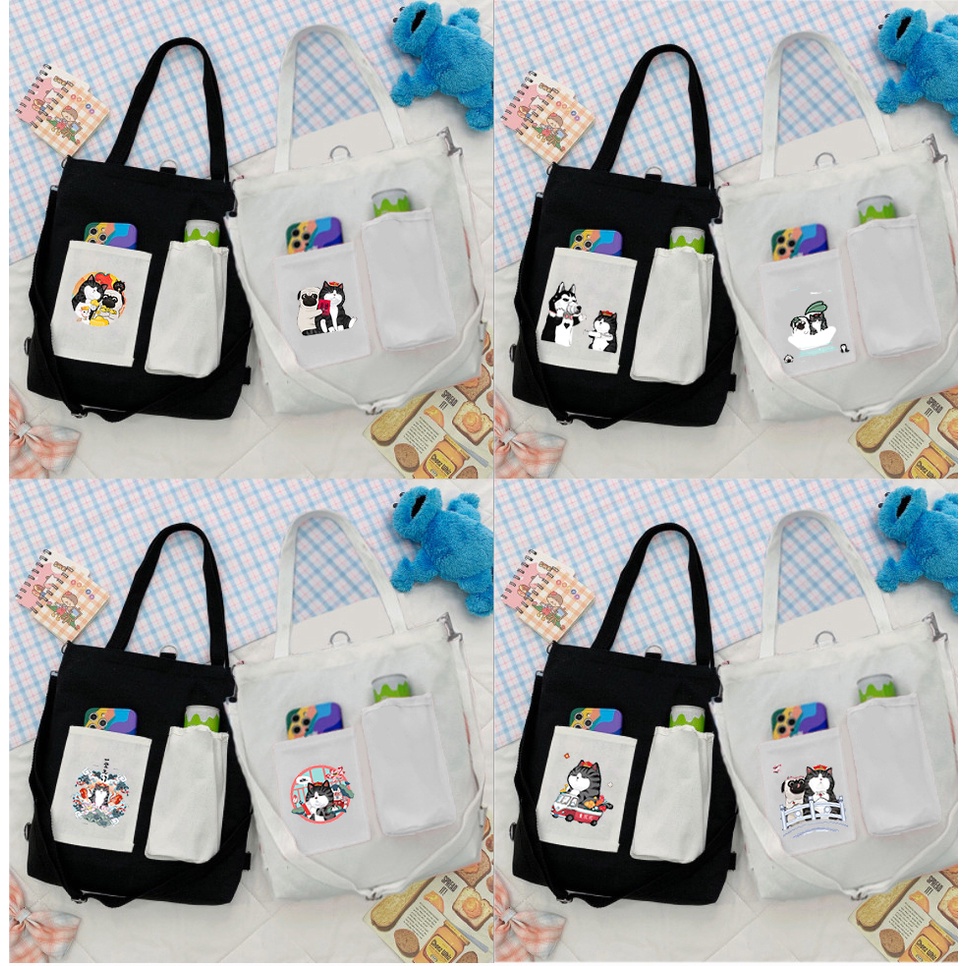 Túi Vải Tote Kiêm Balo ba anh em gấu TBL3 molang pusheen gấu brown tonton bé đào khủng long hoàng đế mèo capoo