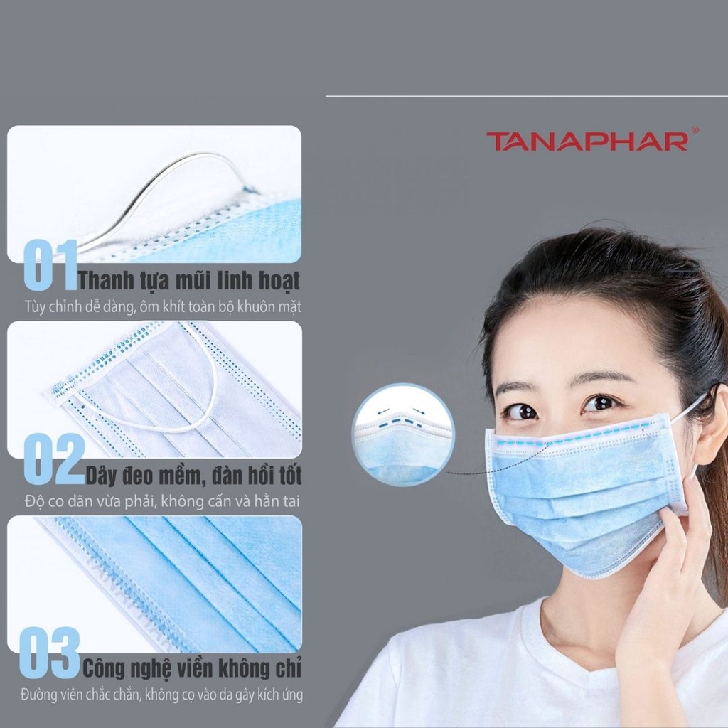 Khẩu trang y tế 3 lớp Tanaphar - Hộp 50 chiếc  dùng 1 lần kháng khuẩn - không thấm nước. Phòng chống các dịch bệnh .