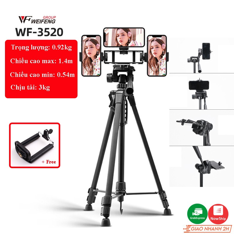 Tripod, giá đỡ điện thoại máy ảnh Weifeng WT-3520 khung nhôm cao cấp tải trọng 3kg có túi đeo tặng kèm kẹp điện thoại