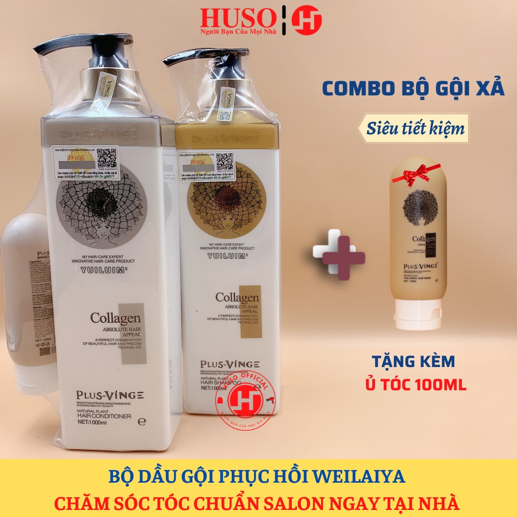 Dầu gội xả Biotin Collagen Vinge 1000ml làm dày, kích mọc tóc, phục hồi tóc hư tổn - HUSO