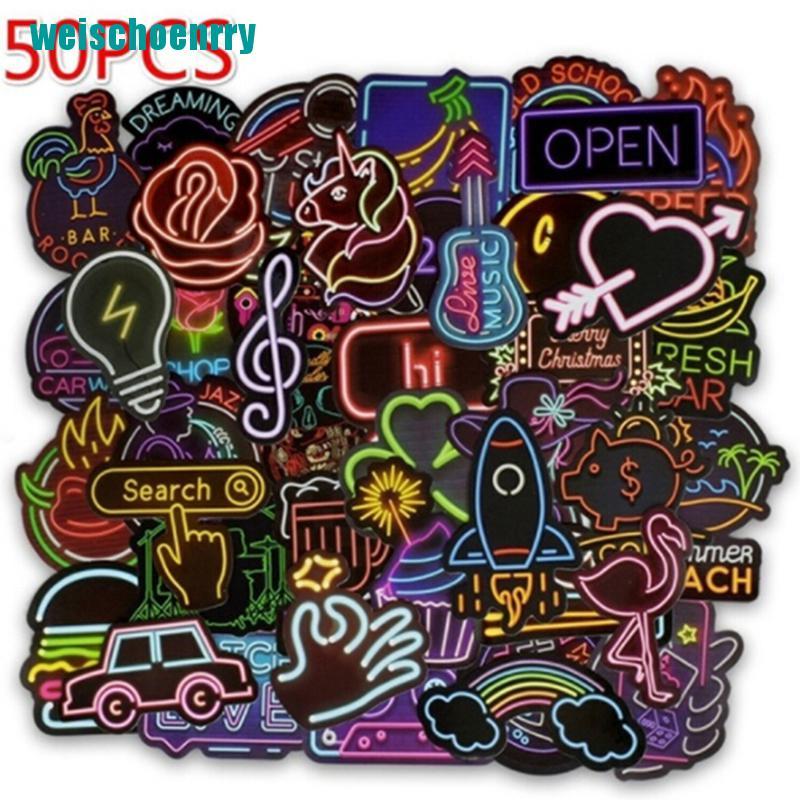 Rér●Bộ 50 Miếng Dán Màu neon Dễ Thương Trang Trí Vali / laptop / guitar