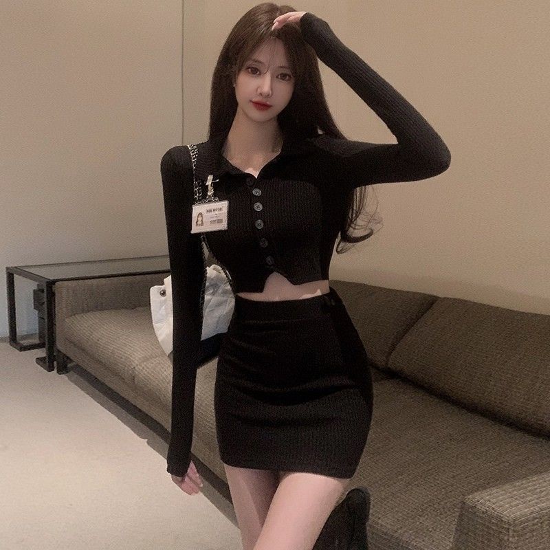 Set áo thun cổ polo + chân váy lưng cao thời trang nữ