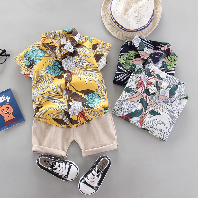 áo trẻ em thiết lập 0-5 năm tuổi cậu bé ngắn tay T-shirt bãi biển phong cách áo sơ mi + quần short 2 mảnh bộ