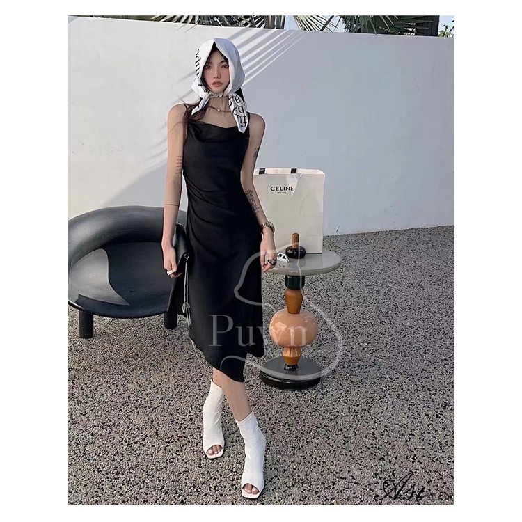 Váy lụa hai dây vạt chéo xếp li eo dự tiệc, prom quyến rũ, bí ẩn, sexy - Puwn Pơ🥑