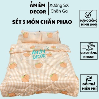 [HÀNG ĐẸP] Bộ sét chăn phao 5 món cotton poly Đào kẻ - Sét 5 món chăn phao Ấm Êm Decor