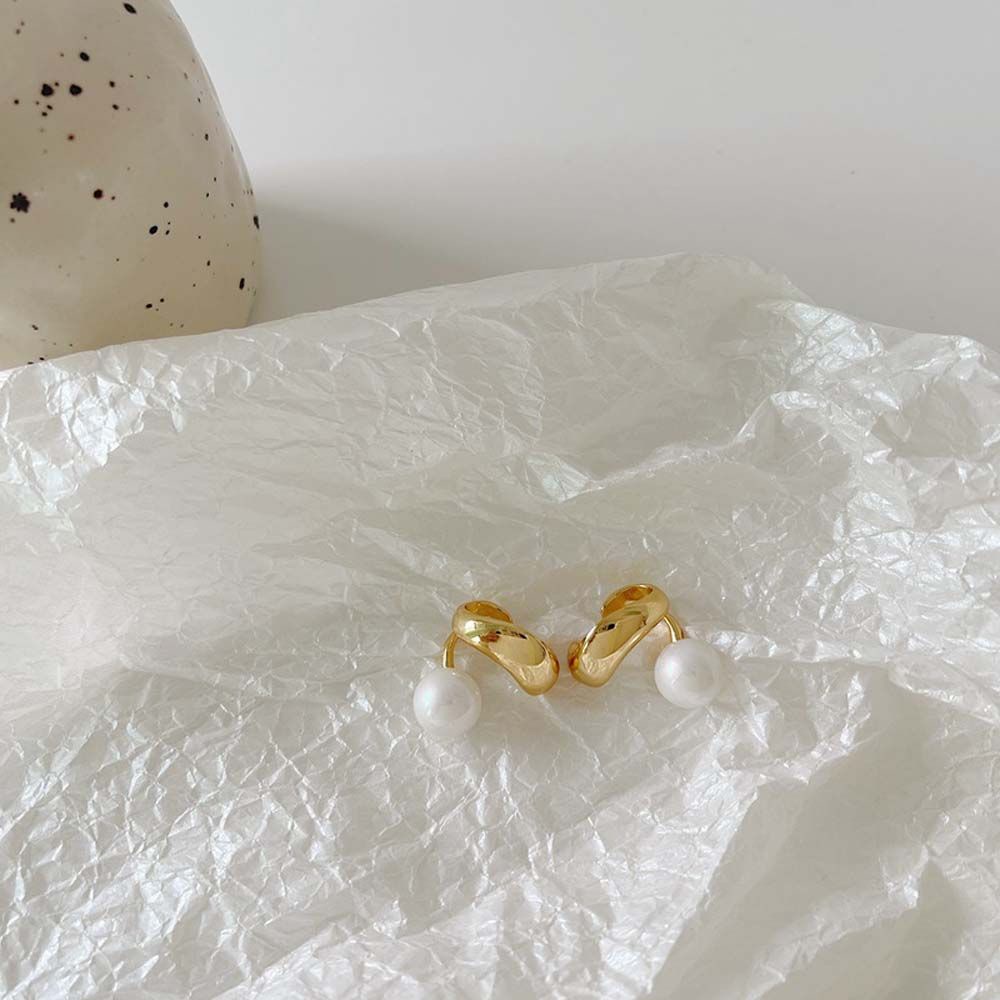 Khuyên tai dạng kẹp hình tròn bằng kim loại đính ngọc trai đơn giản cho nữ