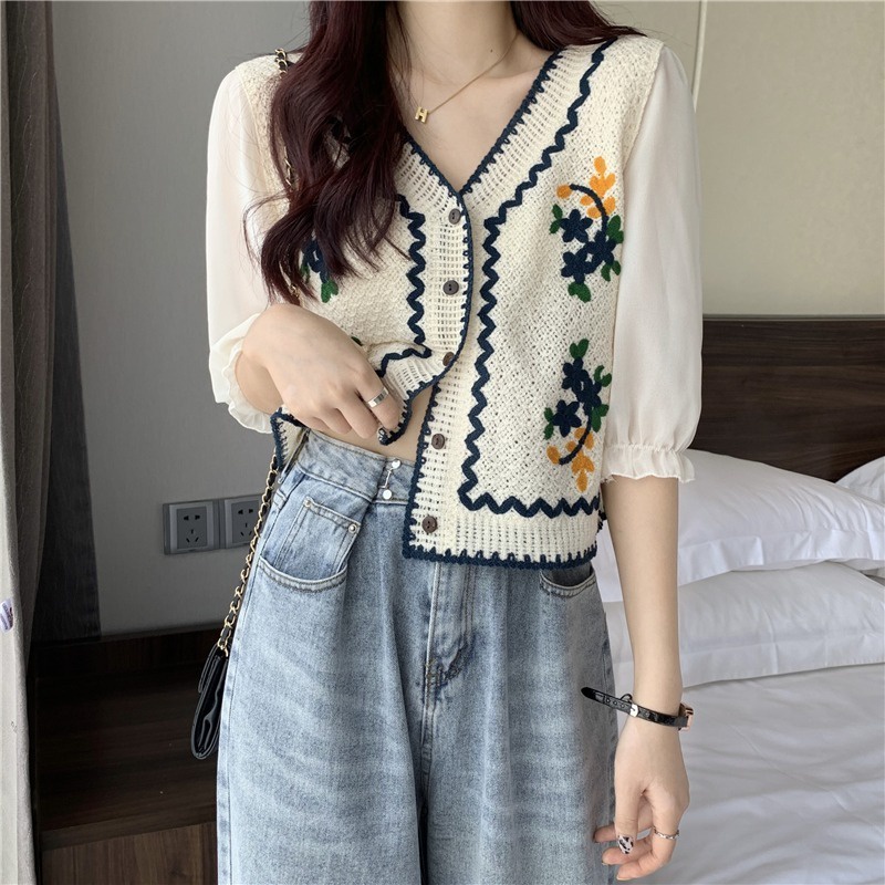 Áo cardigan ZHELIHANGFEI dệt kim tay ngắn cổ V thêu họa tiết hoa xinh xắn cho nữ