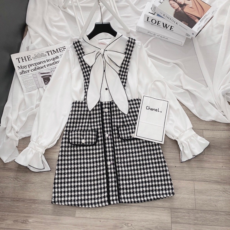 Sét váy yếm dạ kẻ caro 2 món thiết kế siêu sang chảnh | BigBuy360 - bigbuy360.vn