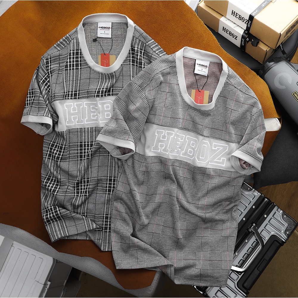 Áo thun nam cổ tròn HEBOZ chất vải dệt caro, phối thêu chữ cao cấp 2M - 00001207
