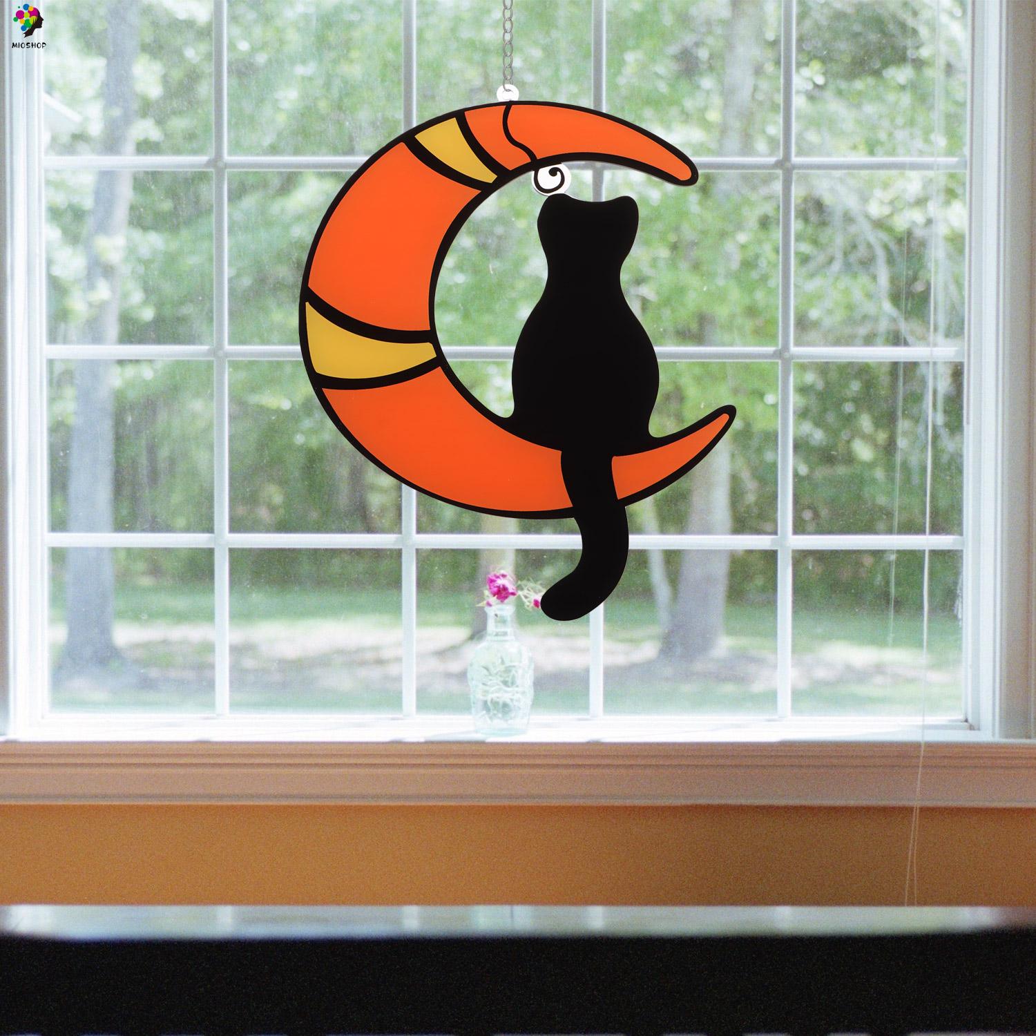 MIOSHOP Home Decor Sun Catchers Suncatchers For Windows Cat Garden Decor Stained Glass Moon Ornament Cat Glasses Window Hanging Black Cats/Multicolor