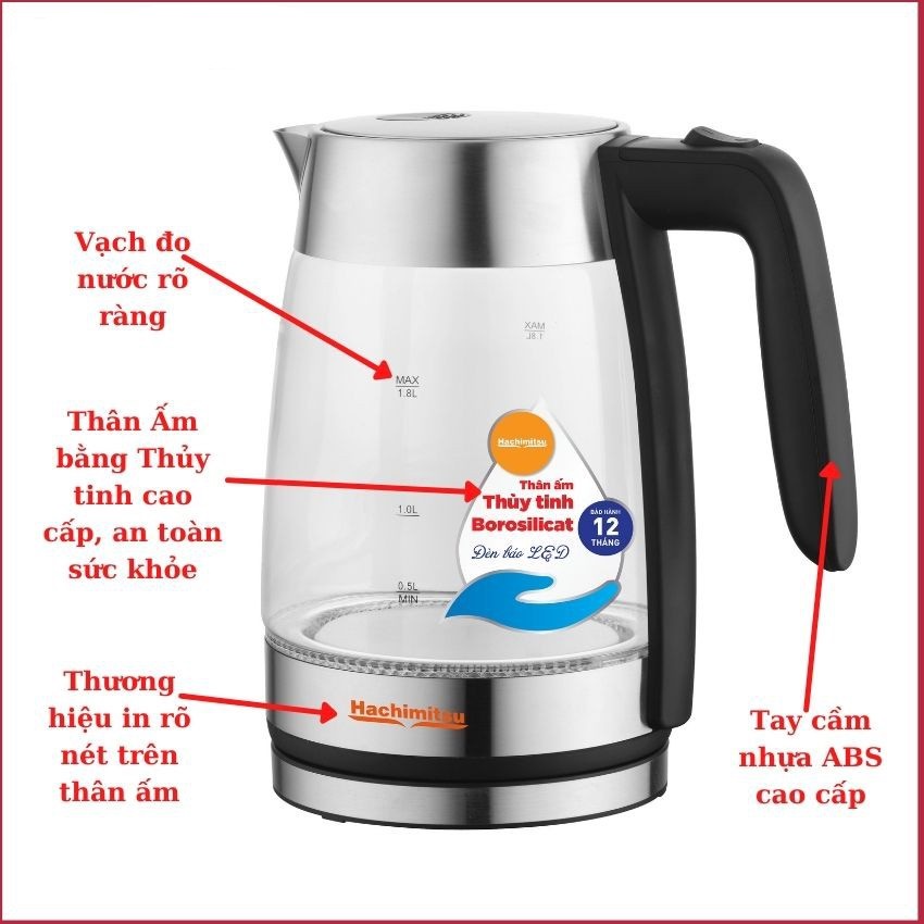 Ấm siêu tốc thủy tinh HACHIMITSU 1,8 lít