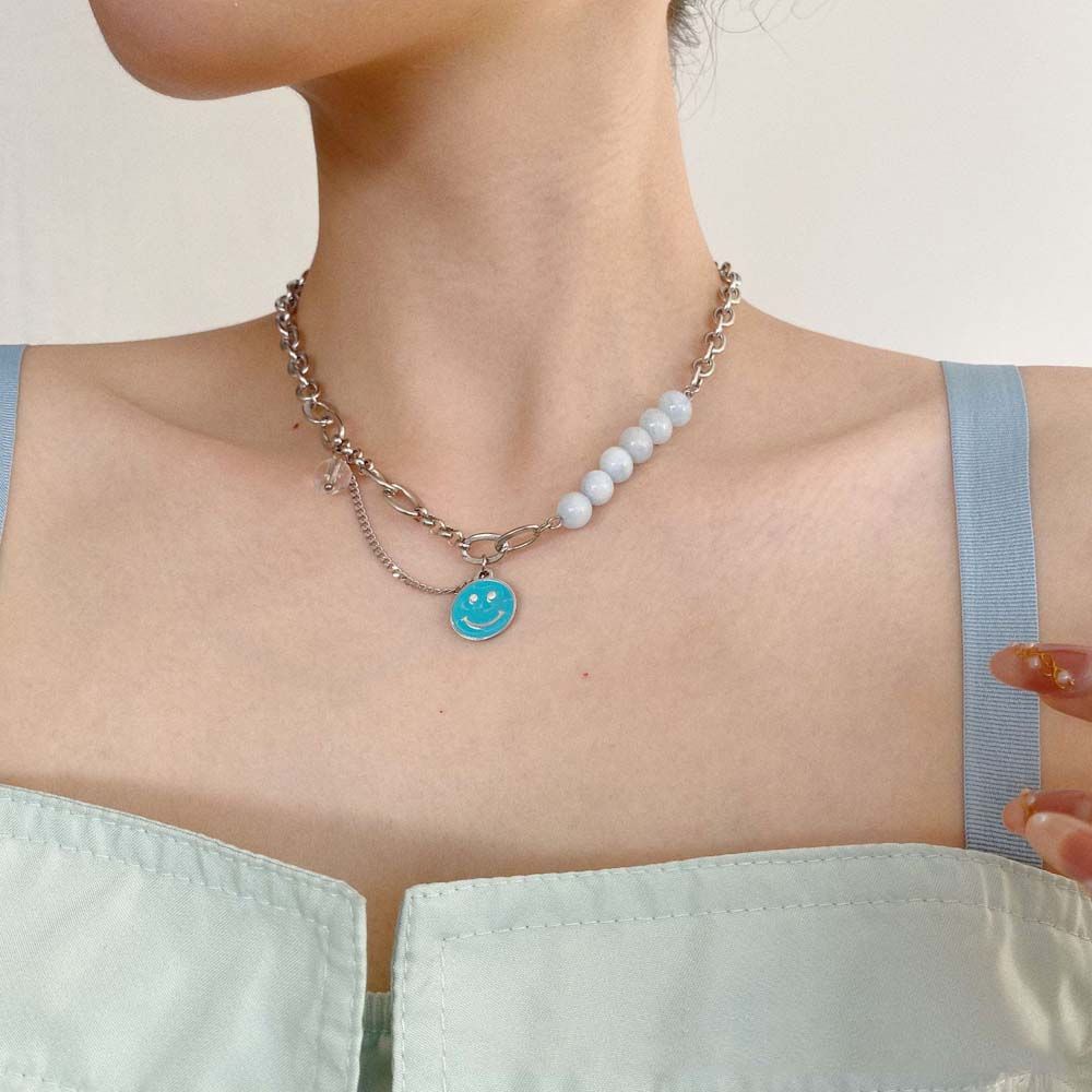 Vòng cổ choker mặt tròn hình mặt cười màu xanh dương phong cách Hàn Quốc thanh lịch cho nữ