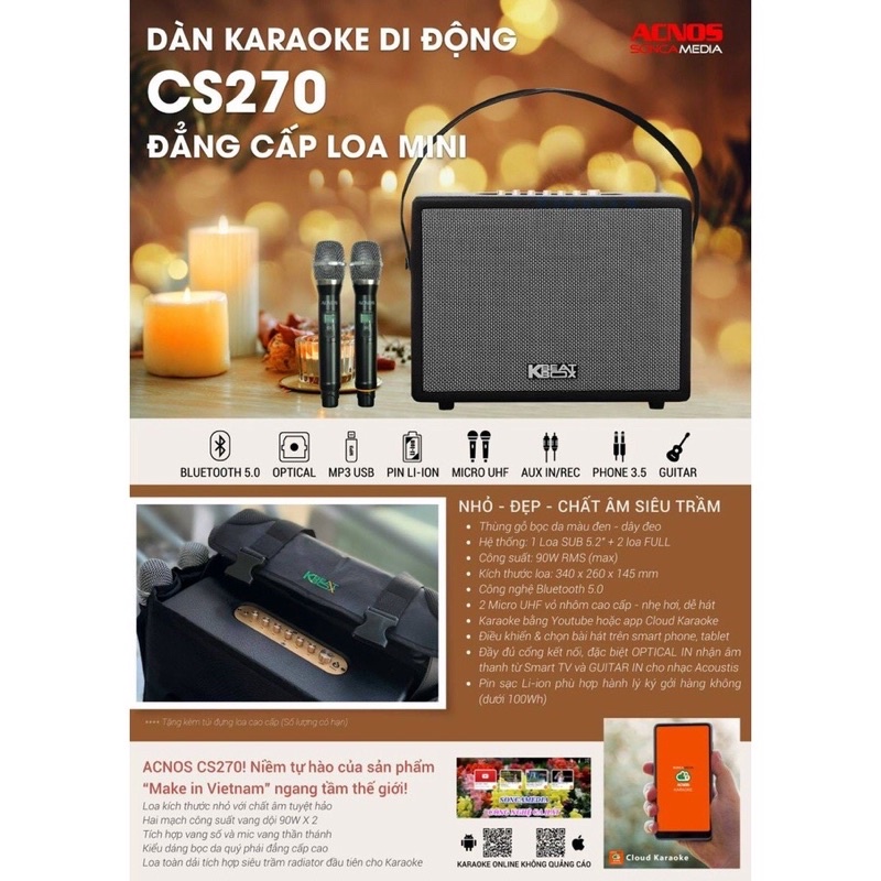 Loa xách tay cao cấp Acnos CS270 2023 + kèm balo - Hàng Chính Hãng - Gia Khang shop