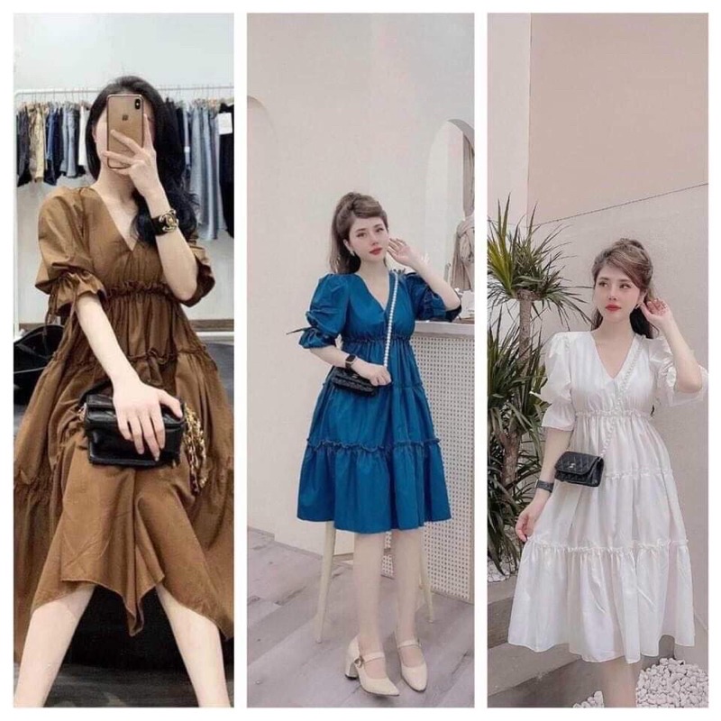 Váy suông babydoll 3 tầng, cổ V, đầm xuông rộng freesize, tay bo phồng siêu xinh -HD20