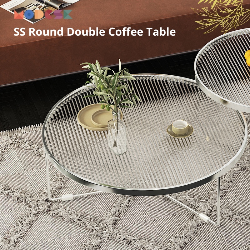 Bàn sofa - trà đôi Modesk SS Round Double Coffee Table khung inox 304 - kính cường lực [phòng khách - quán cafe]