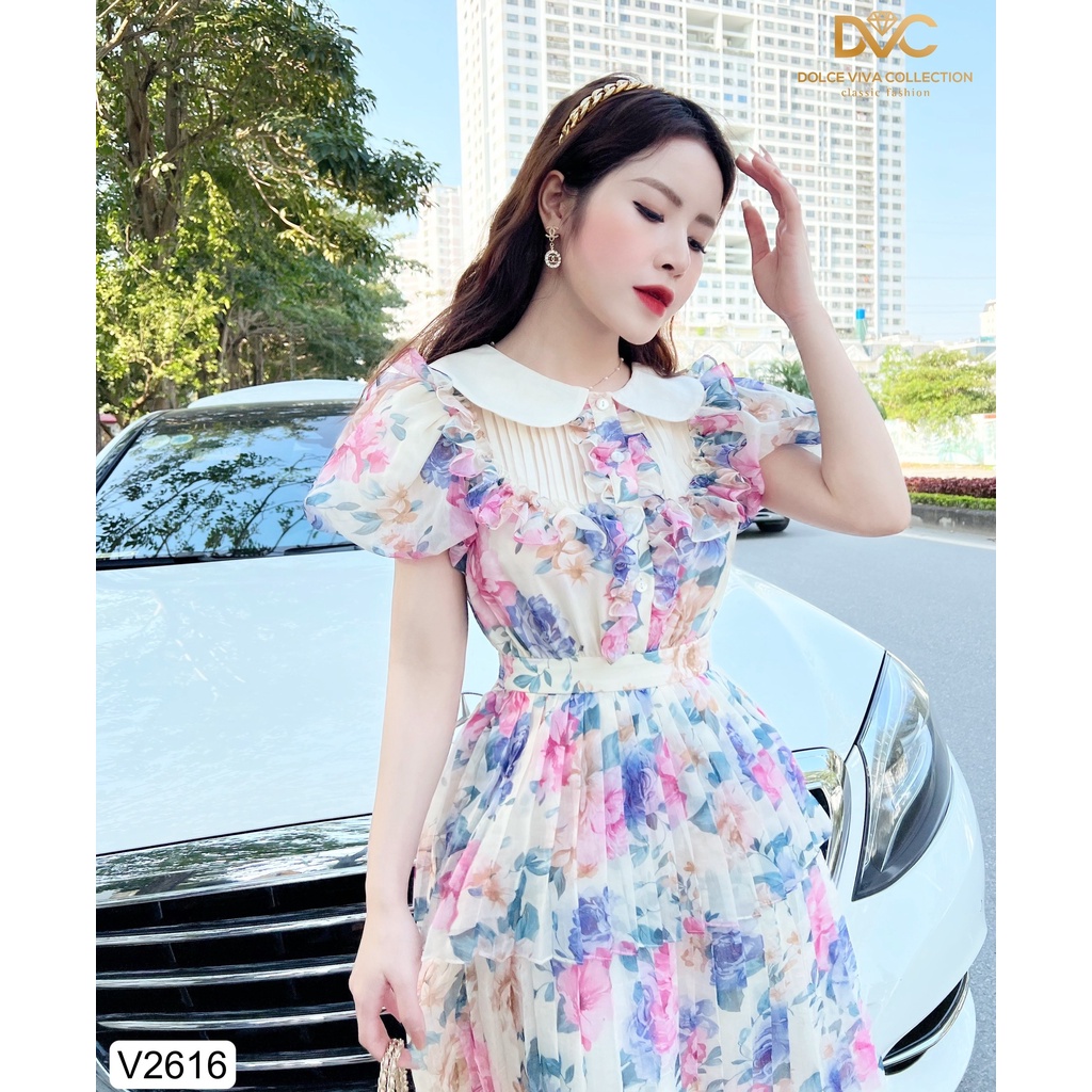 VÁY HOA CỔ TRÒN XẾP LY THIẾT KẾ CAO CẤP  V2616-DVC