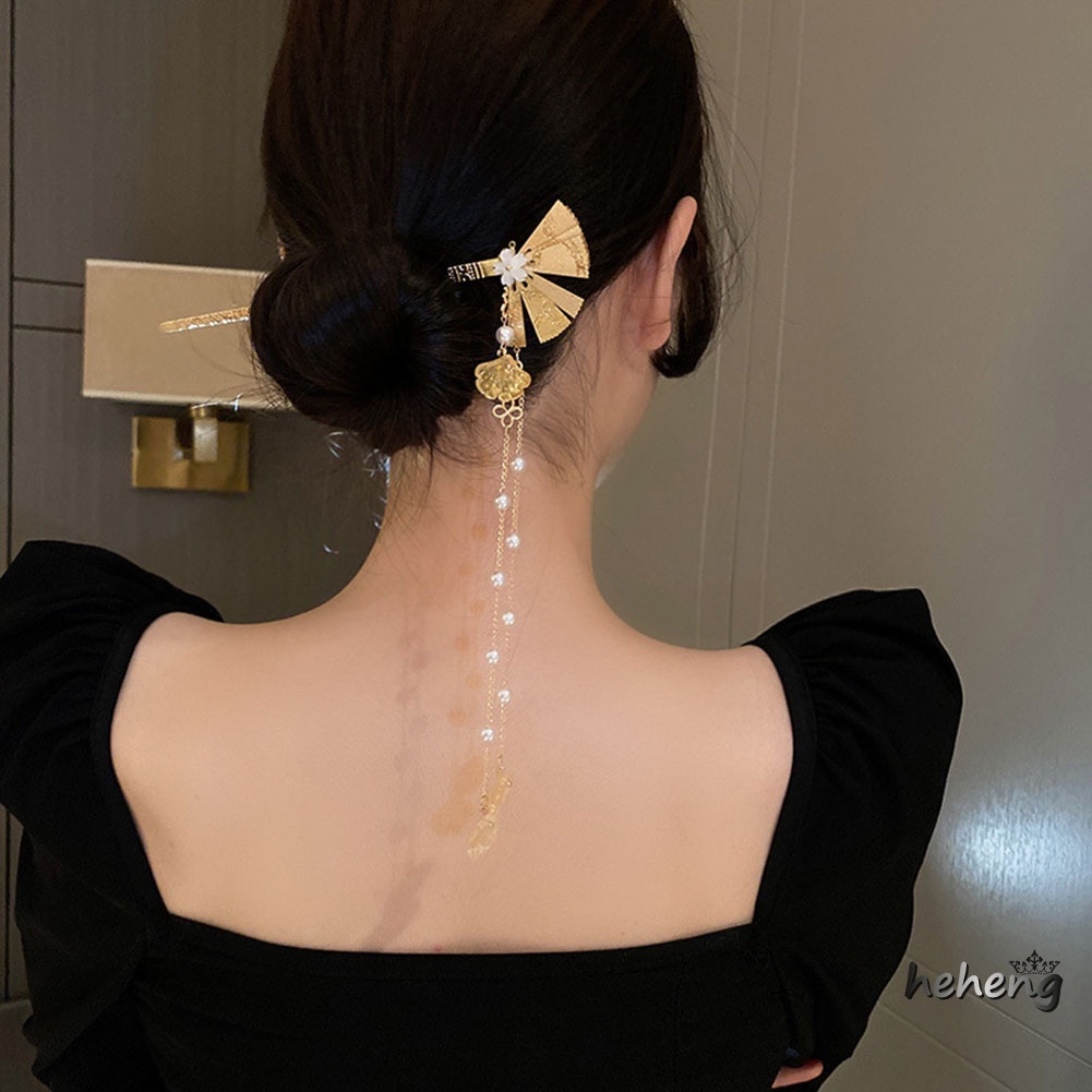 Trâm Cài Tóc Dáng Dài 16.7cm Hình Quạt Phối Tua Rua Phong Cách Trung Hoa Thời Trang Cho Nữ