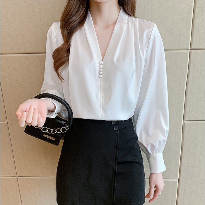 ĐẸP-45-67kg - Áo Sơ Mi Công Sở Nữ - Áo Sơ Mi Dáng Suông Dạng Áo Kiểu Lụa Cổ V Đính Hạt Châu 3A25 3A18 3A19 3A04