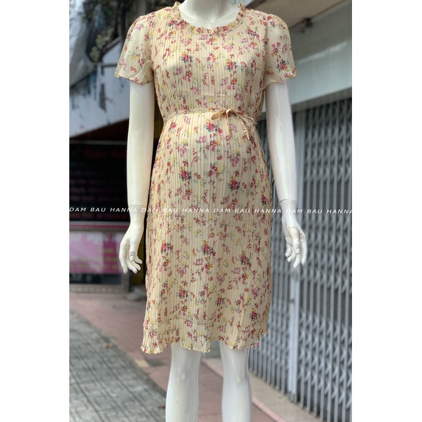 [HANNA] Đầm bầu công sở dập ly voan hoa dễ thương cho mẹ trẻ size 75kg vải mềm mát không nhăn phù hợp đi làm đi chơi
