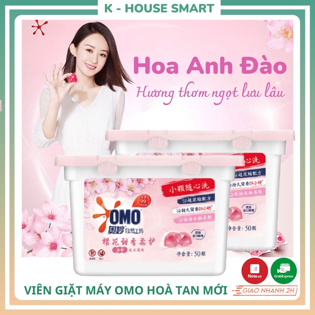 Viên nước giặt xả quần áo OMO hoa anh đào thơm lâu, nước giặt xả nước hoa hộp 50 viên