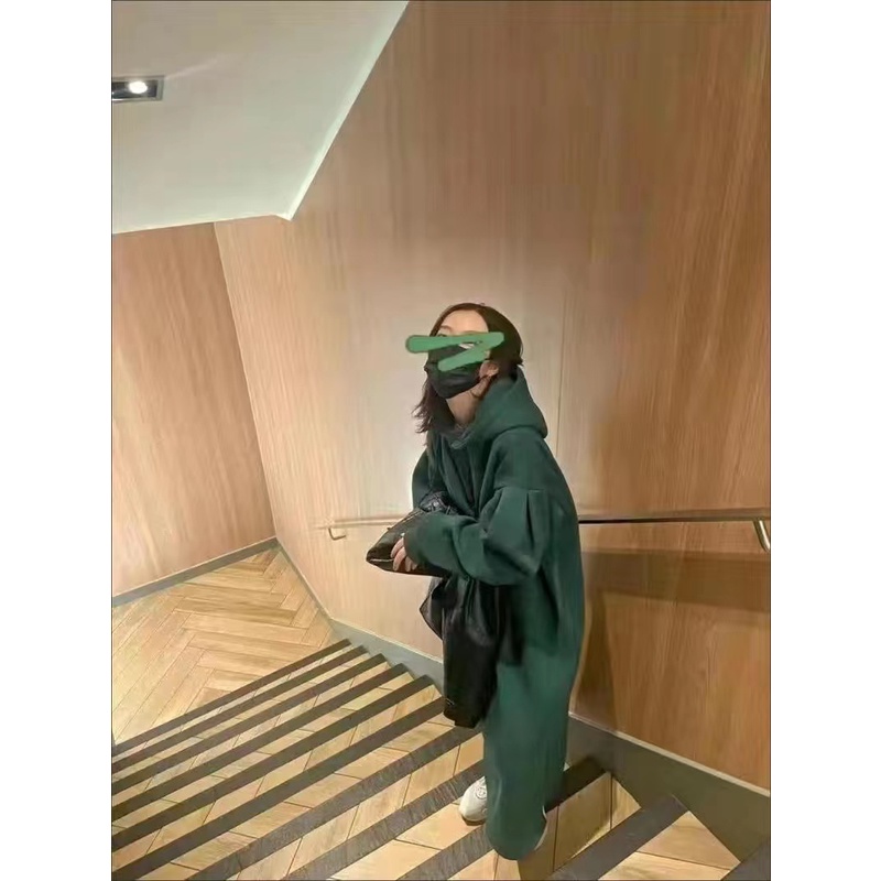Đầm hoodie tay dài dáng rộng vải nhung dày dặn giữ ấm phong cách thời trang thu đông cho nữ