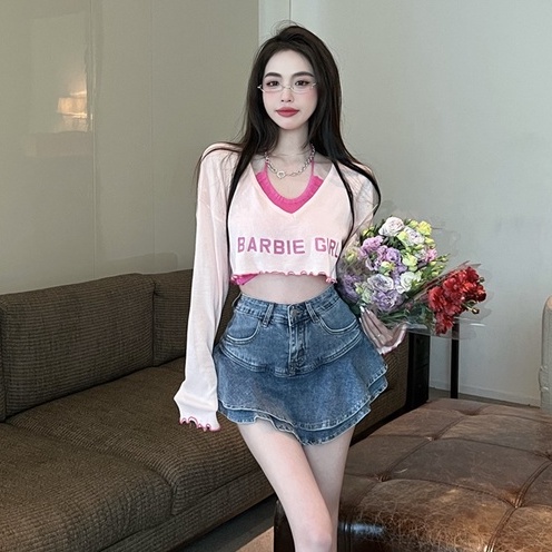 Bộ Áo Yếm + Áo Sơ Mi Chống Nắng + Quần Denim Eo Cao Dáng Chữ a Phong Cách Hàn Quốc Thời Trang Mùa Hè