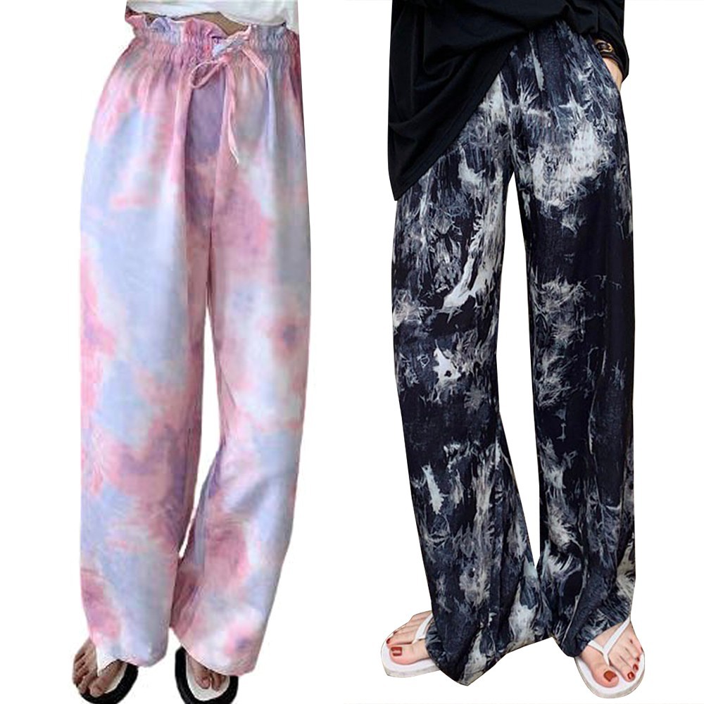 Korean Style Tie Dye Straight Pants Women High Waist Loose Casual Elastic Waist