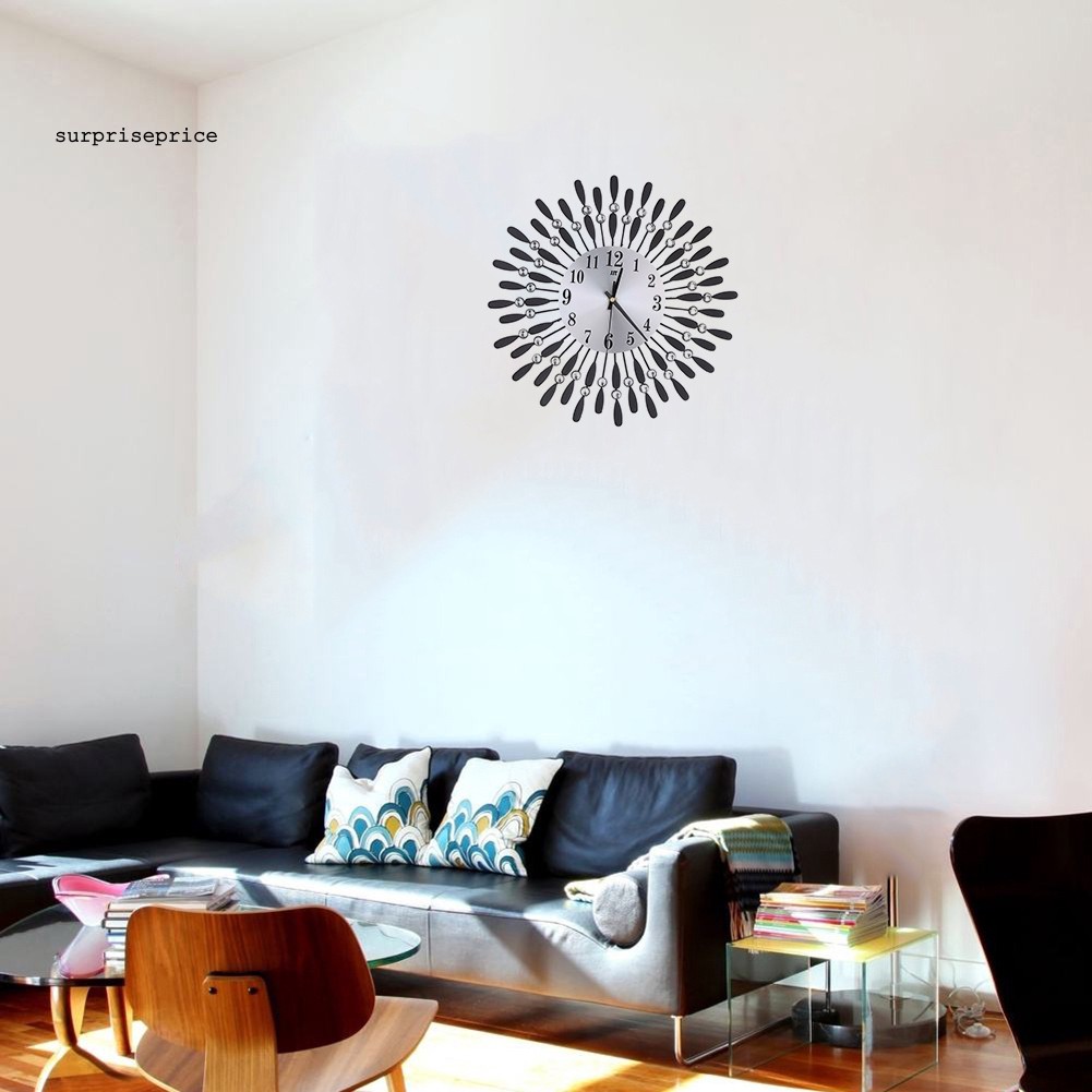 Đồng hồ lớn treo tường gắn đá lấp lánh hình mặt trời 15inch 3D phong cách hiện đại dùng trang trí nội thất