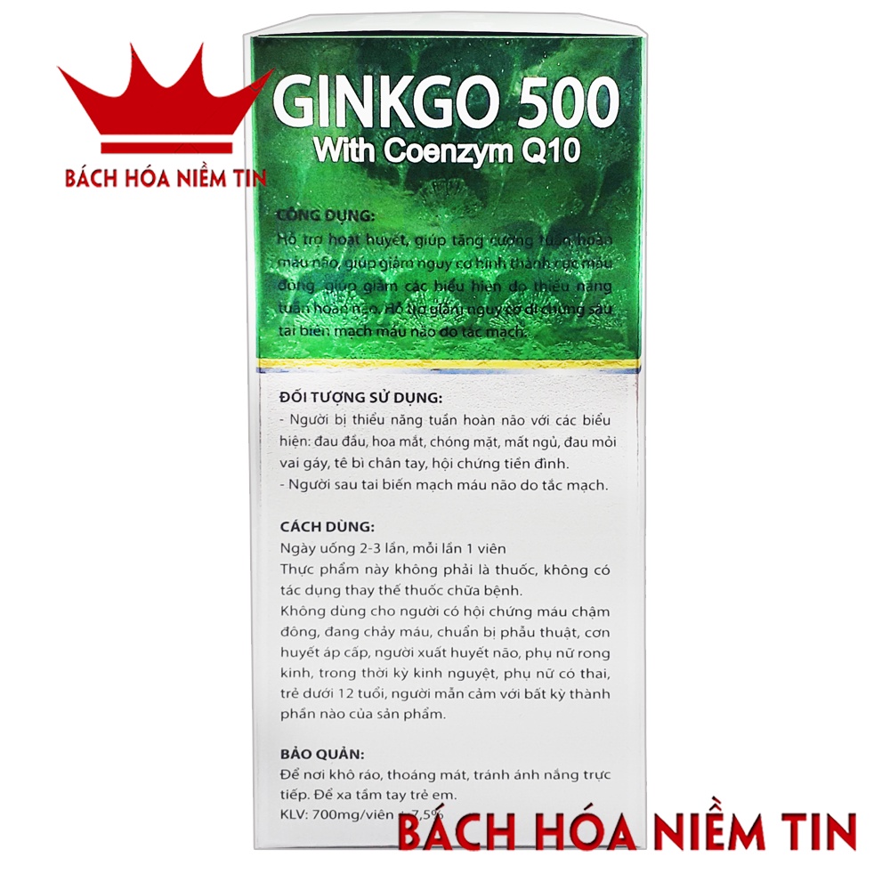Hoạt huyết dưỡng não Brain Ginkgo 500 - giảm đau đầu, hoa mắt, chóng mặt, mất ngủ, rối loạn tiền đình - Hộp 100 viên