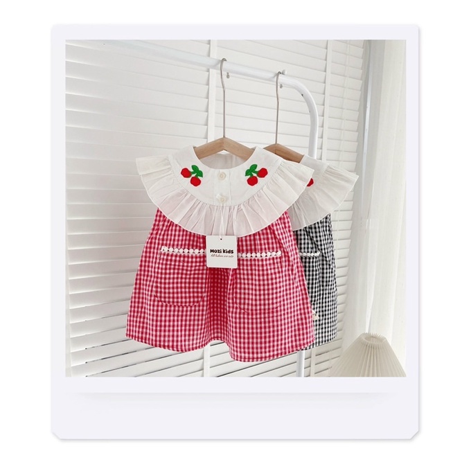 V04 Đầm bé gái đũi thô Cổ Bèo kẻ ô đỏ đen Cho Bé 8kg Đến 18kg