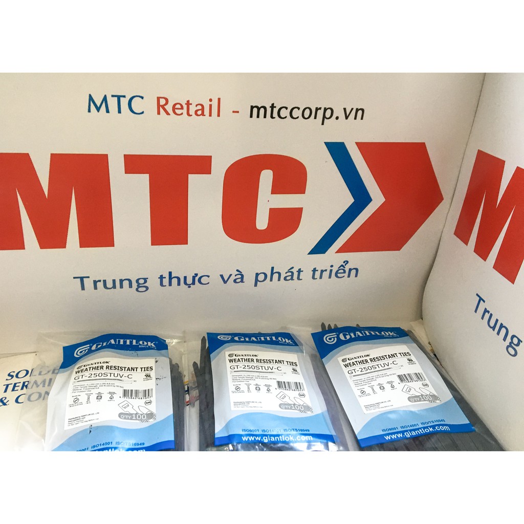 Túi 100 Dây thít, dây rút nhựa màu đen 250×4.8mm chống tia UV GT250STCBUV nhập khẩu Giantlok-Thái Lan
