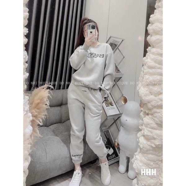 Bộ nỉ nữ thu đông Ess cao cấp Set bộ quần chun ống bo gấu kèm áo sweater in hình đẹp phong cách đường phố ulzzang Ailee