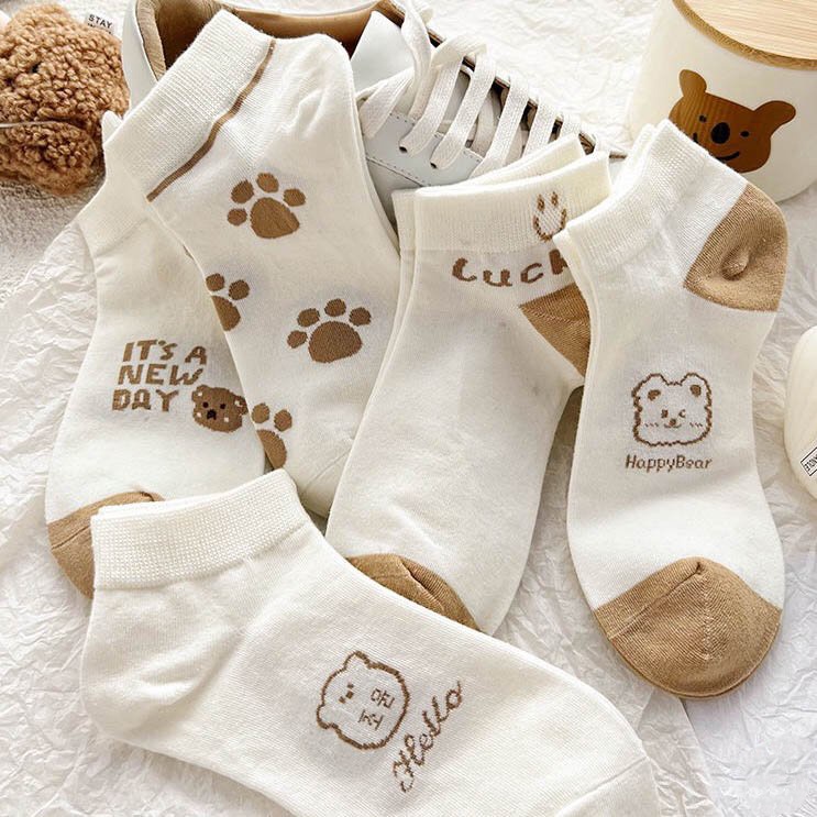 Tất nữ Choobe cổ ngắn cotton co giãn tốt chống hôi chân họa tiết hình gấu dễ thương set 5 đôi màu trắng nâu PK10