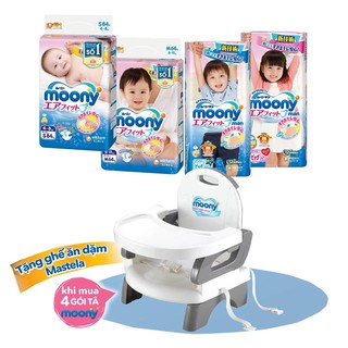 COMBO 4 GÓI TÃ MOONY NB90/ S84/ M64/ L54/ M58/ L44/ XL38 - Tặng 1 Ghế ăn dặm Moony