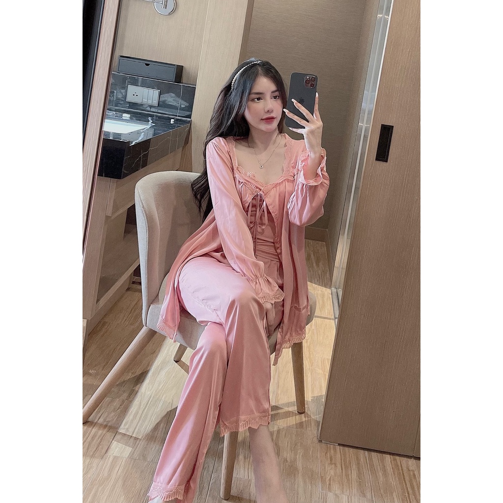 Set 3 mặc nhà 2 dây Sexy tay bo tiểu thư lụa latin Siêu Mát