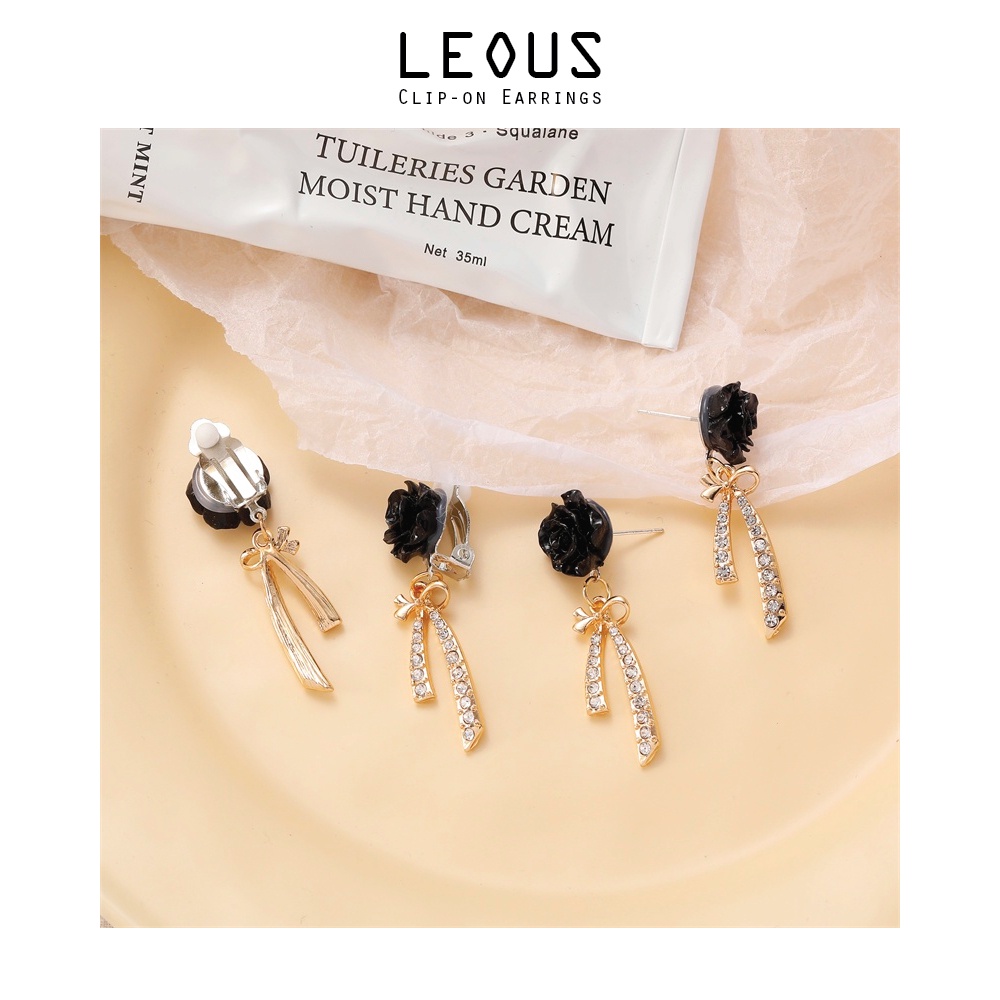 Khuyên tai kẹp không bấm lỗ chốt cố định K025 bằng hợp kim mạ bạc hình bông hoa kèm nơ đính đá dáng midi Leous