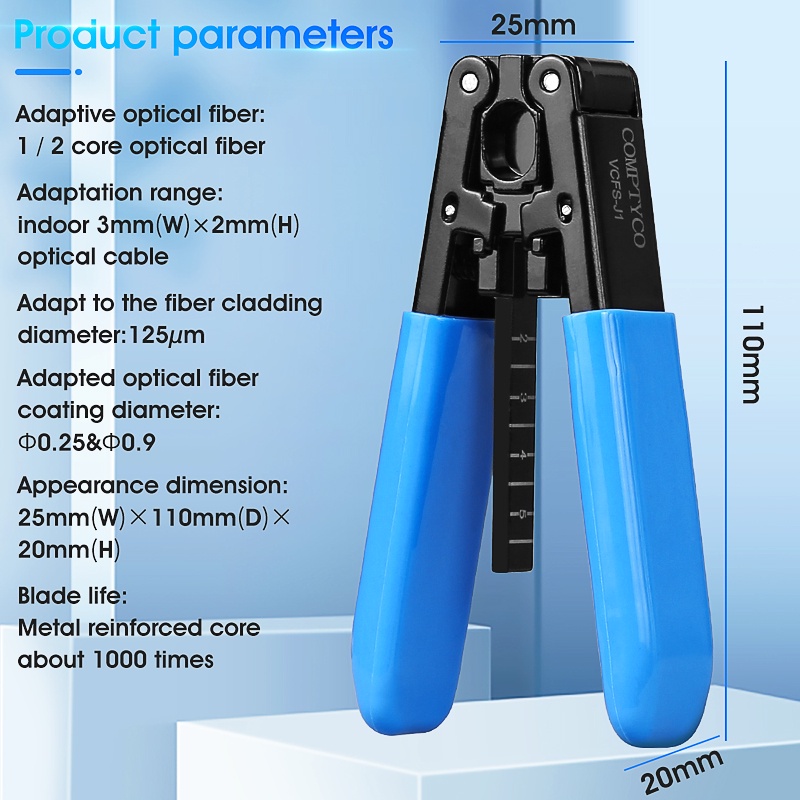 Công cụ tước dây quang Máy cắt dây cáp Kìm tuốt sợi quang cho dây cáp FTTH Tước dây màu xanh lam
