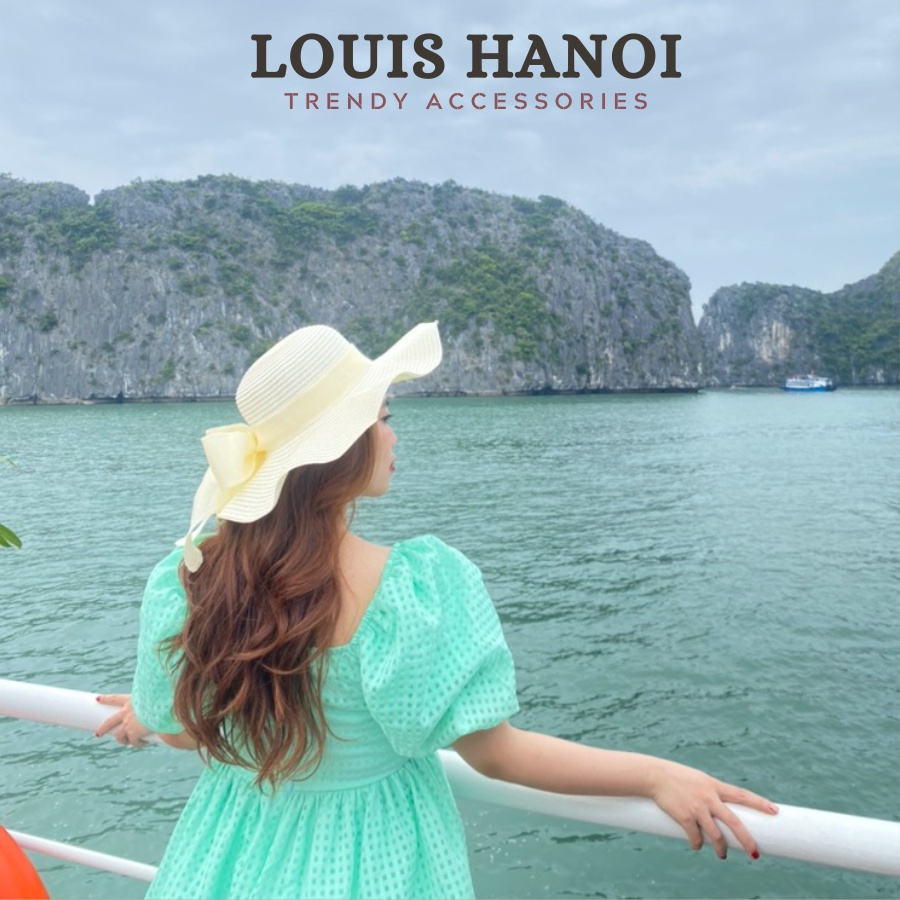 Mũ Nón Cói Đi Biển Vành Rộng Lượn Sóng Louis Hanoi - Mũ Vành Phối Nơ Vải Phong Cách Tiểu Thư