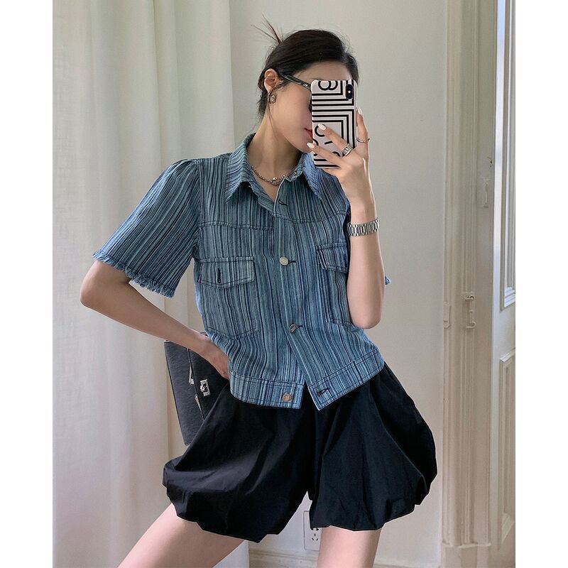 Áo Sơ Mi denim Tay Ngắn Thời Trang Dành Cho Nữ