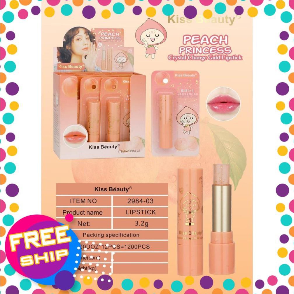 [FreeShipMax] Son Dưỡng KissBeauty Peach Princess Mã 2984-03 - Kiss Beauty Crystal Change Gold Lipstick NO.:2984-03