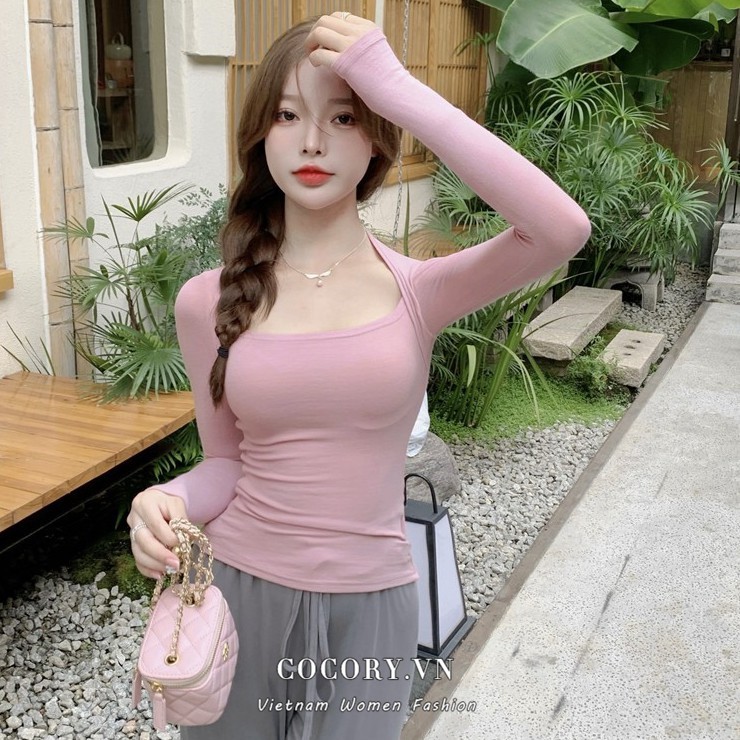 Cocory vn Áo thun tay dài cổ vuông dáng ôm thời trang Hàn Quốc 4 màu tùy chọn cho nữ