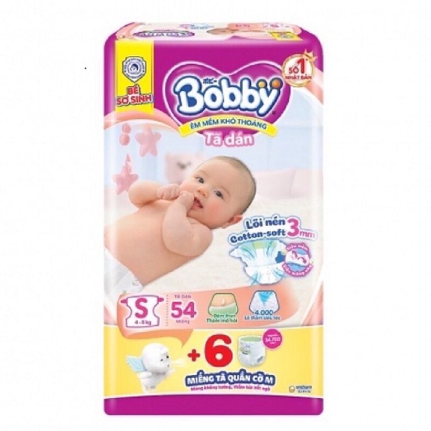 Bĩm Dán Bobby siêu thấm sơ sinh, tả dán bobby tặng 4 miếng tả dán size s đủ size  s56,s80 cho bé 4-8kg  mẫu mới