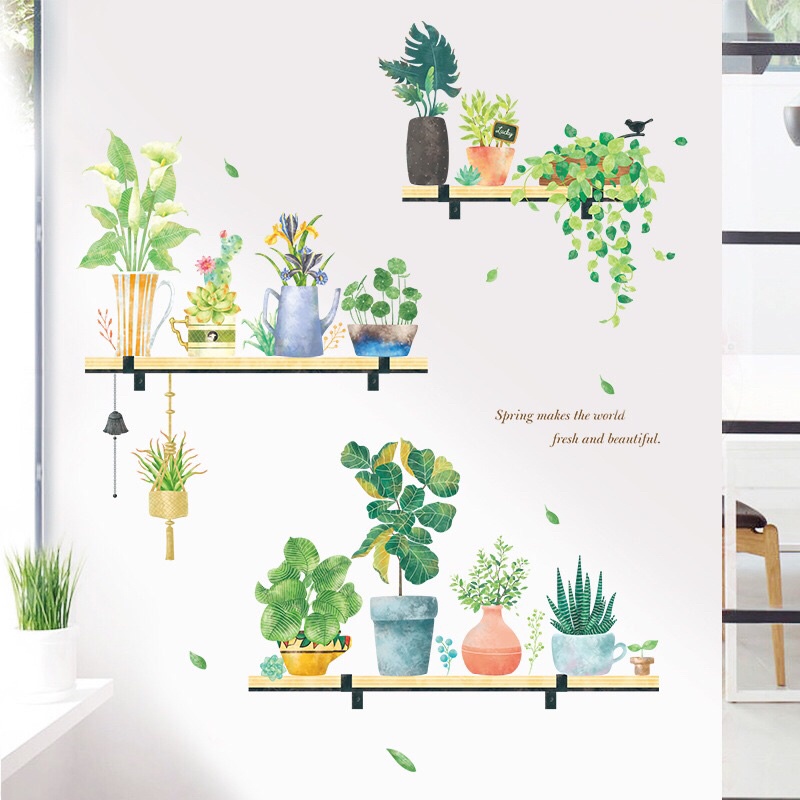 Decal dán tường chậu cây trên kệ,chất liệu cao cấp sẵn keo dán.