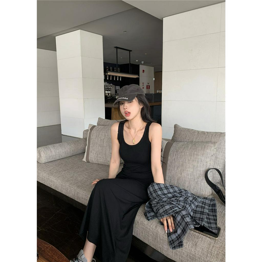 Set Áo Thun Dài Tay Cổ Tròn + Đầm Yếm Ca Rô Dài Tay Cổ Bẻ Thời Trang Nữ