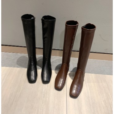 (Có Hình Thật) - Phong Cách Hàn Quốc Boots Da Xịn Gót Vuông 4 Phân Cao Dưới Gối Nâu/Đen