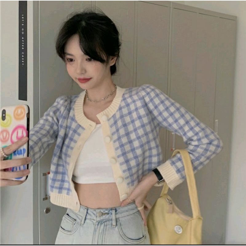 Áo len croptop Cardigan dệt kim sọc caro Ullzang