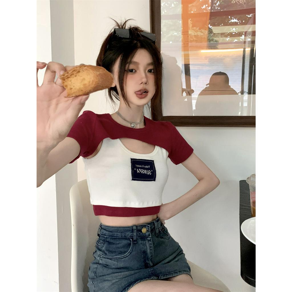 Áo Thun Ngắn Tay In Chữ + Áo Khoác Cộc Tay Màu Đỏ Phong Cách retro Thời Trang Cho Nữ