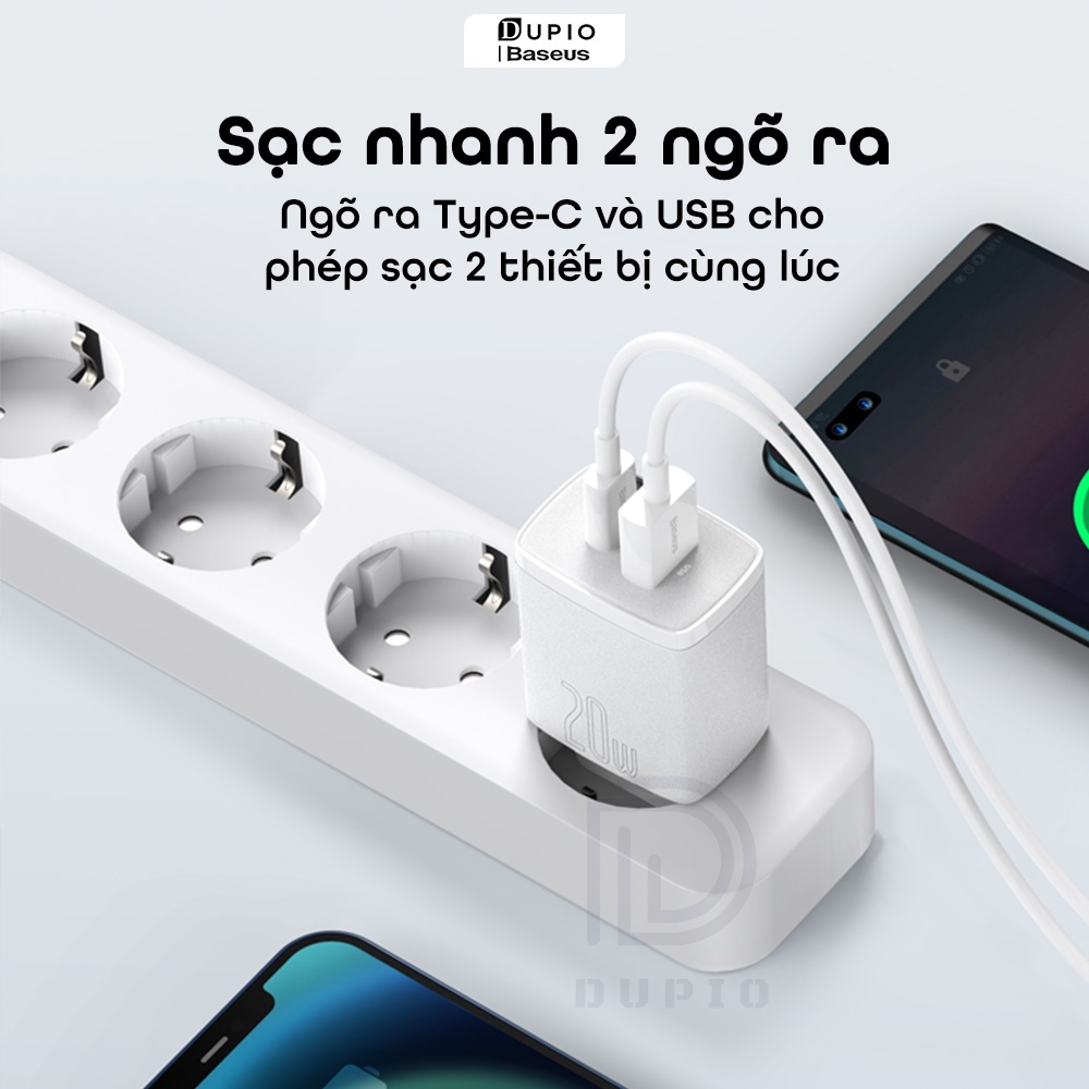 Bộ cóc củ DUPIO Baseus CS02 usb type-c pd 20w 18w sạc nhanh 2 ngõ ra nhiều cấp bảo vệ tiện lợi nhỏ gọn