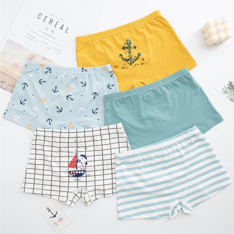[THOMAS KIDS] 3-12 tuổi Đồ lót Boxer trẻ em 5 chiếc / Bộ 100% cotton Cartoon Ocean Series Mẫu Quần lót Boxer Đồ lót cho bé trai Bán buôn
