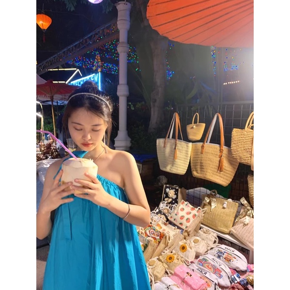 (ảnh thật) Váy đầm maxi hở lưng cổ yếm lệch vai dáng suông form rộng thắt nơ đi chơi du lịch màu xanh biển bầu bì